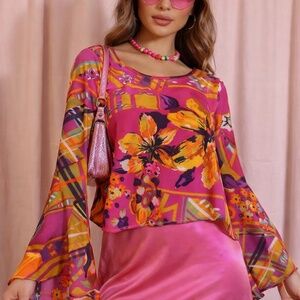 Voom by Joy Han Pink Floral Resortwear Bell Sleeve Statement Blouse Artsy Y2K S